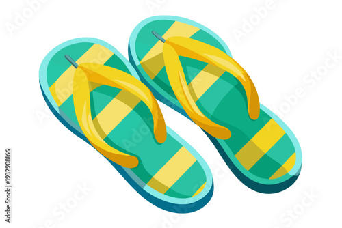 Colorful checkered flip-flops with yellow straps on white background for summer beachwear and casual outdoor footwear style