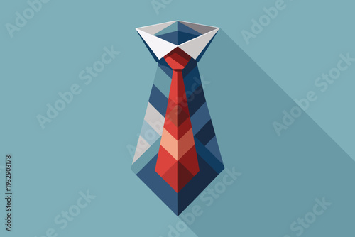 Geometric tie and collar illustration in blue tones with red accent on a minimalist background