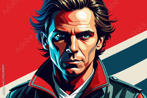 Intense portrait of mysterious man in dramatic lighting with red and blue background in pop art style