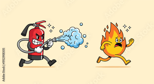 Cartoon Fire Extinguisher Chasing Frightened Flame Character.