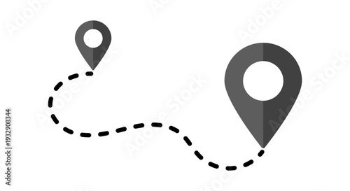 Gray Pin Point Location and GPS Symbol icons with dashed route path for navigation and mapping on transparent background.