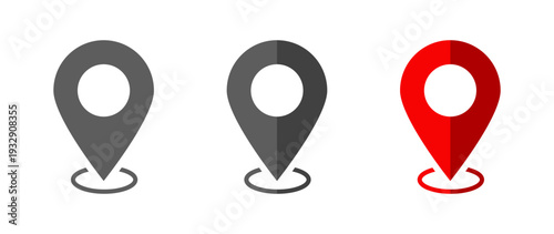 Gray and red Pin Point Location and GPS Symbol icons with ring base style for navigation and mapping on transparent background.