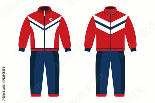 Red and blue athletic tracksuit with chevron design and zippered jacket in front and back view for sportswear enthusiasts