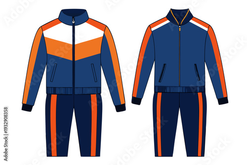 Colorful retro sports tracksuit with blue, orange, and white chevron striped jacket and pants illustration
