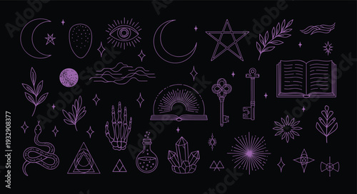 Mystical Symbols and Esoteric Objects Collection for Magical Rituals and Occult Practices