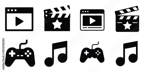 Collection of black icons for media entertainment: video player, clapperboard, gamepad, music note.