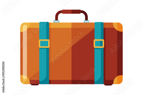 Retro brown suitcase with blue straps and rounded corners on white background - vintage luggage for travel and adventure