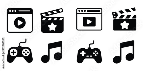 Collection of black icons for media entertainment: video player, clapperboard, gamepad, music note.