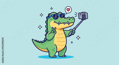 Cute Alligator Taking a Selfie with a Selfie Stick.