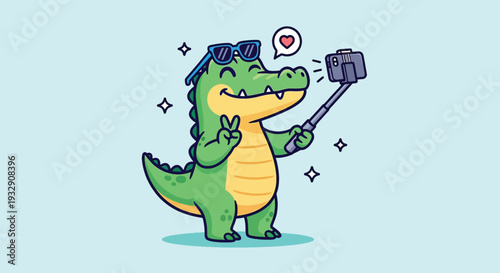 Cute cartoon alligator taking a selfie with a selfie stick and sunglasses.