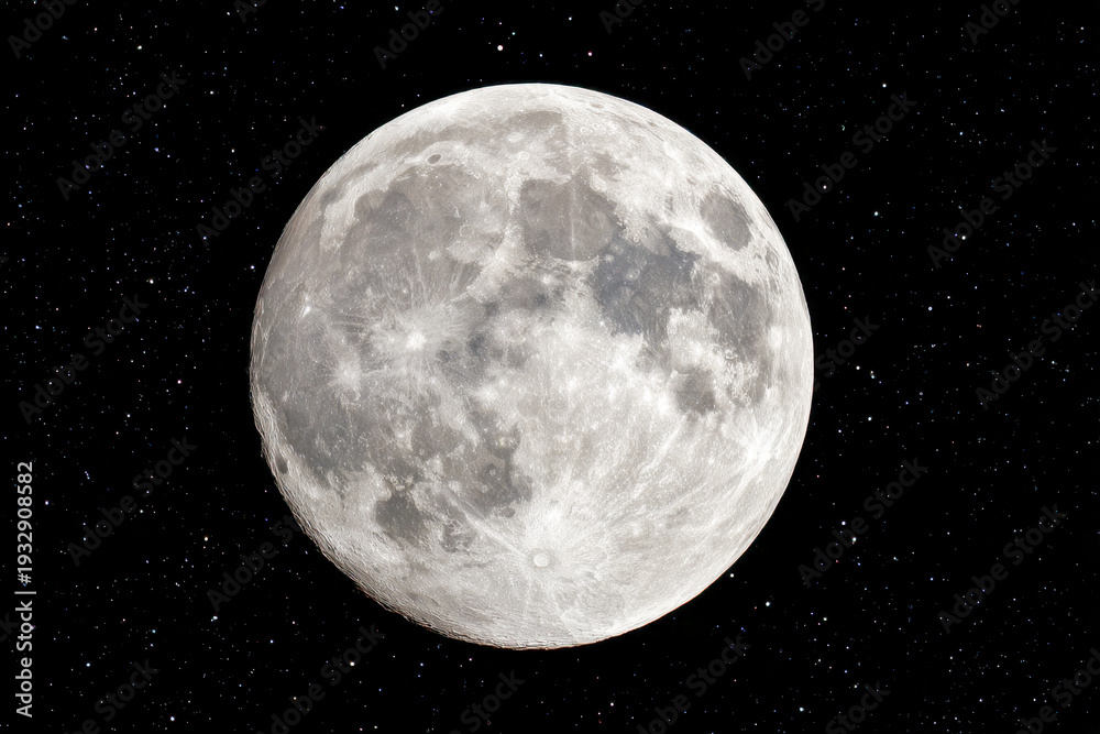Obraz premium Detailed full moon glowing brightly against a backdrop of twinkling stars in the clear night sky, showcasing lunar surface textures and craters