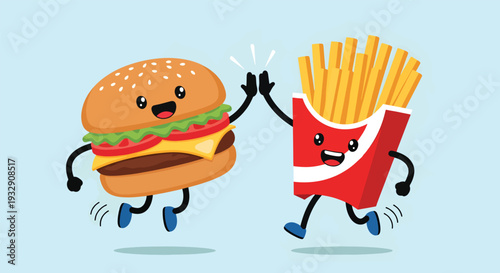 Cute Cartoon Burger and Fries High Five Illustration.
