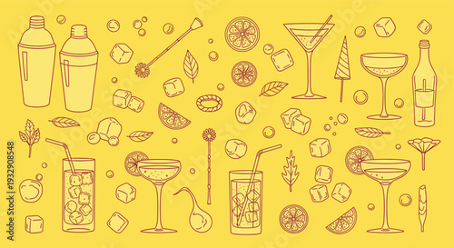 Refreshing Summer Cocktails and Bar Accessories Hand Drawn Sketch Style on Yellow Background