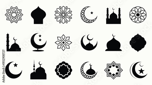 Ramadan kareem islamic symbols and icons set crescent moon mosque silhouette star mandala and floral patterns for design