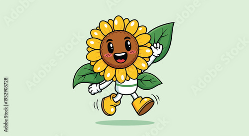 Cute Cartoon Sunflower Character Jumping with Joy.