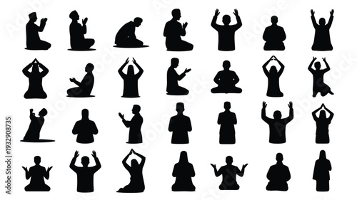 Various yoga poses silhouettes people practicing meditation and mindfulness in different seated positions black icons on white background for health and wellness concepts