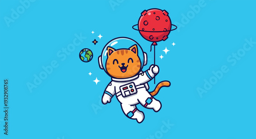 Cute Cat Astronaut Floating in Space Holding a Planet Balloon.