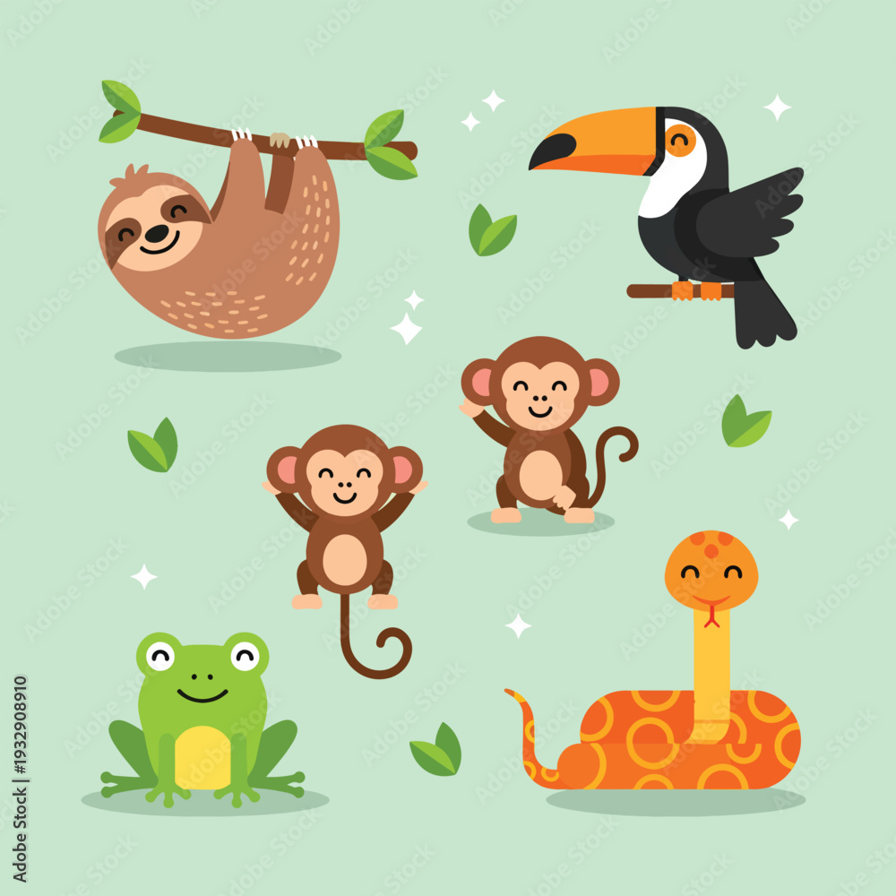Fototapeta premium Cute Jungle Animals Collection Vector Illustration.