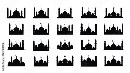 Black silhouettes of various mosques with minarets and domes on white background for design and cultural concepts