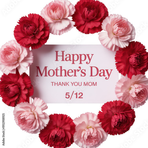 Happy mothers day card with red and pink flowers isolated on transparent background