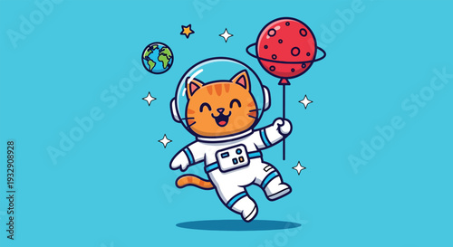 Cute Orange Cat Astronaut Floating in Space Holding a Planet Balloon Vector Illustration.