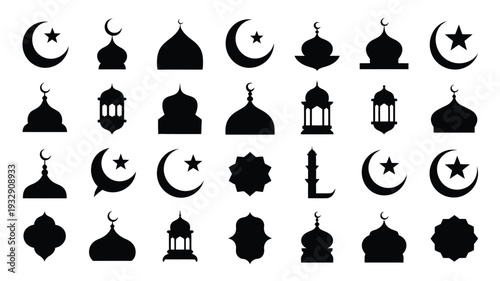 Ramadan kareem icons set with mosque silhouettes crescent moons stars and lanterns on white background
