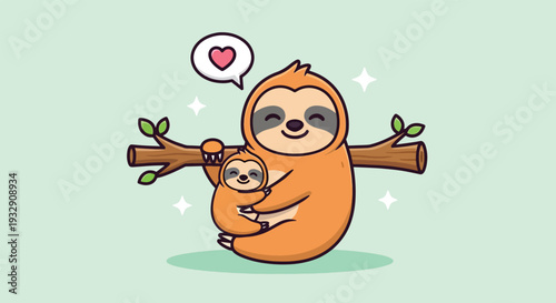 Cute Mother and Baby Sloth Hanging on Tree Branch with Heart Icon.
