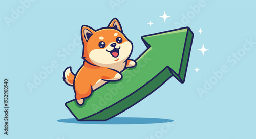 Cute Shiba Inu Dog Climbing Upward Green Arrow Illustrating Growth.