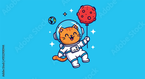Cute Orange Cat Astronaut Floating in Space Holding a Planet Balloon.