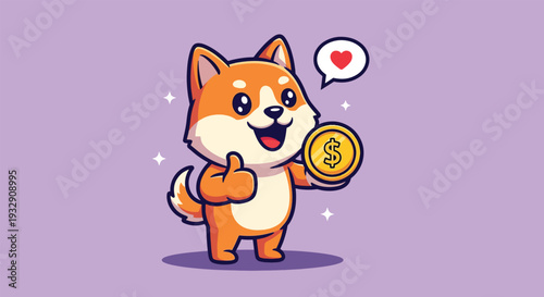 Cute Shiba Inu Dog Holding Gold Coin and Thumbs Up.