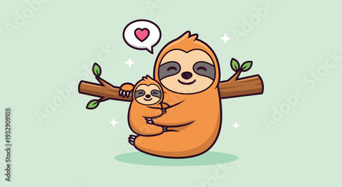 Cute Sloth Mother and Baby Hugging on Tree Branch.