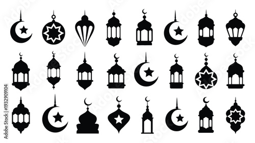 Black islamic lanterns and crescent moon symbols on white background for ramadan or eid celebrations