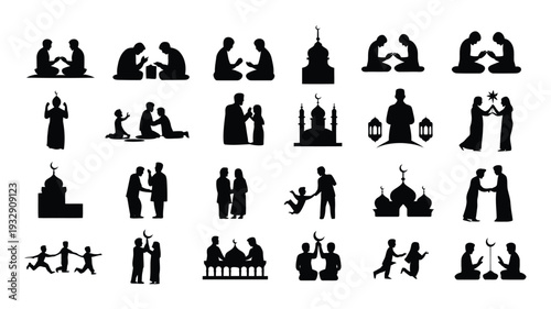 Black silhouettes of people meditating praying and practicing yoga in various poses on white background