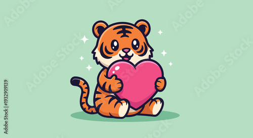 Cute Tiger Holding Pink Heart Cartoon.
