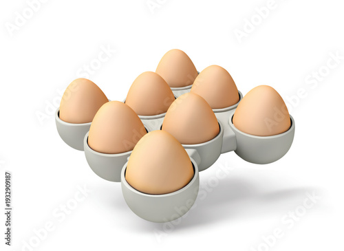 eggs in egg tray, Brown Eggs in White Egg Cups isolated 3D Vector icon render illustration