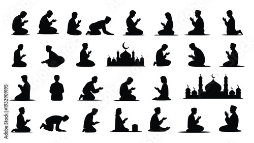 Silhouette of muslim man praying in various positions with mosque icons islamic faith and worship concepts