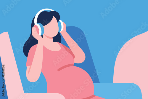 A Pregnant Woman Listens to Music with a Headset Illustration Creative Design Template 