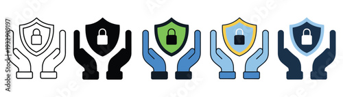 Insurance shield icon set multiple style collection, versatile shield and coverage icons in solid and line styles, editable vector illustrations