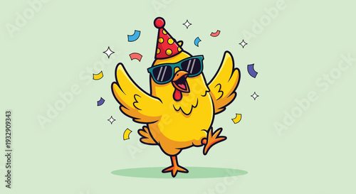 Funny Cartoon Chicken Wearing Sunglasses and Party Hat Dancing.