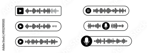 Set of audio waveform player Icons for apps and voice messages on the white background. 