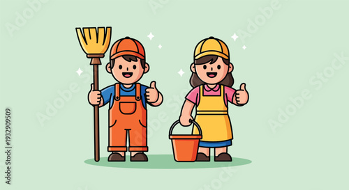 Happy Cartoon Cleaners Giving Thumbs Up.
