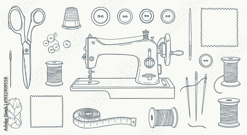 Vintage sewing machine and accessories illustration for crafting and tailoring projects