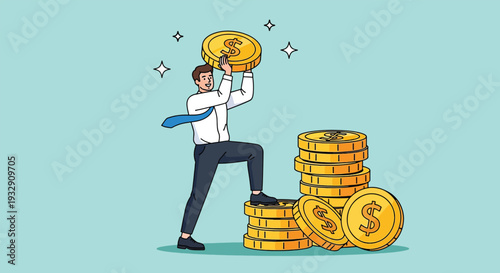 Man Climbing Stack of Gold Coins Symbolizing Financial Success.