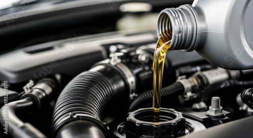 Mechanic pouring engine oil into car engine for maintenance