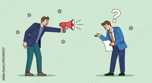 Man Shouting Through Megaphone at Confused Colleague Holding Papers.