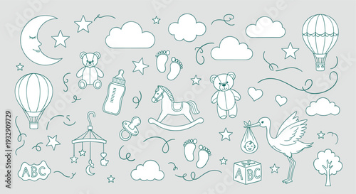 Whimsical Baby Shower Elements Collection Featuring Stork Hot Air Balloons Teddy Bears and Footprints for Newborn Celebration