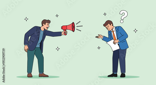 Man shouting with megaphone at confused colleague with papers.