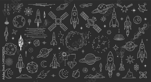 Whimsical hand drawn chalk style space doodles featuring rockets planets stars and UFOs on a dark background