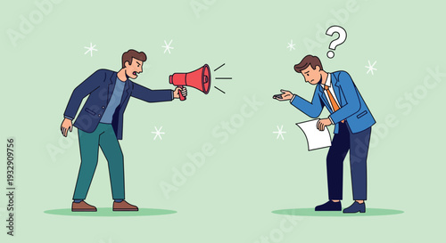 Man shouting with megaphone at confused colleague holding paper.