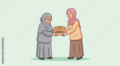 Muslim woman giving Zakat donation box to elderly woman.